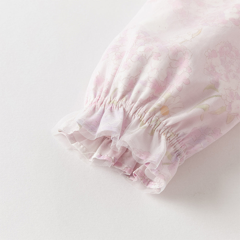 فستان بنات بأكمام طويلة من التول بالبنفسجي الفاتح مع طباعة أزهار الهيدرانجيا بأسلوب صيني عصري