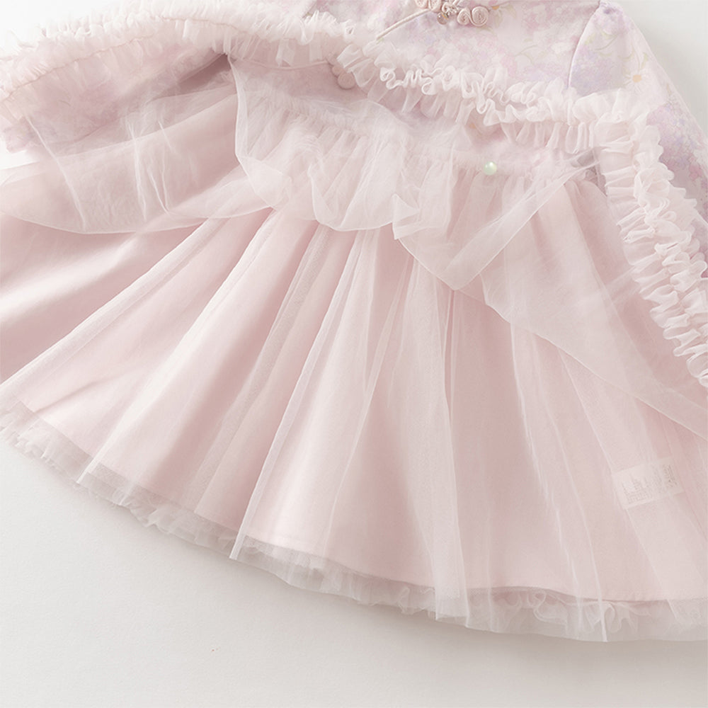 فستان بنات بأكمام طويلة من التول بالبنفسجي الفاتح مع طباعة أزهار الهيدرانجيا بأسلوب صيني عصري