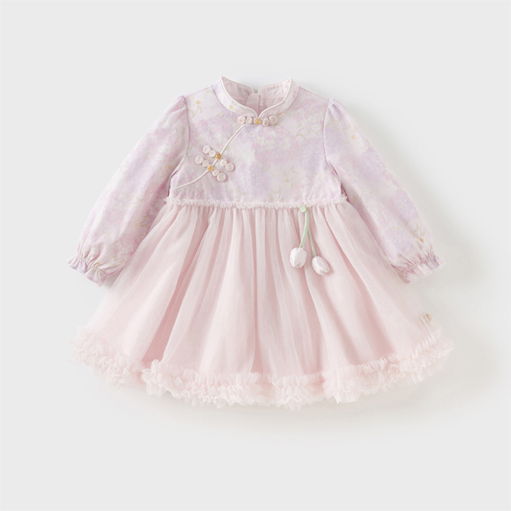 فستان بنات بأكمام طويلة من التول بالبنفسجي الفاتح مع طباعة أزهار الهيدرانجيا بأسلوب صيني عصري