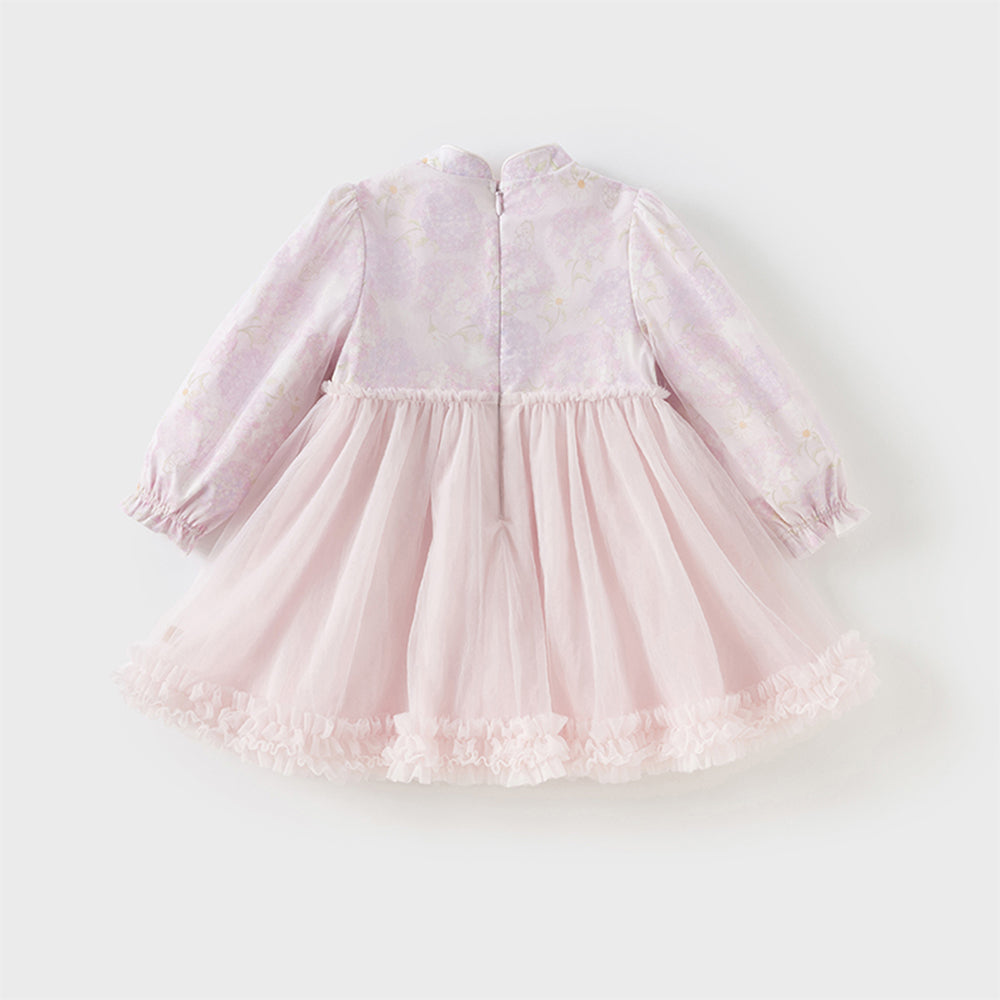 فستان بنات بأكمام طويلة من التول بالبنفسجي الفاتح مع طباعة أزهار الهيدرانجيا بأسلوب صيني عصري