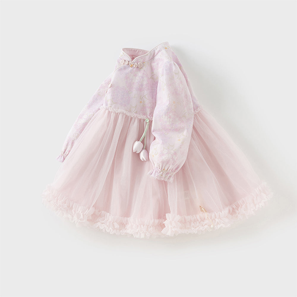 فستان بنات بأكمام طويلة من التول بالبنفسجي الفاتح مع طباعة أزهار الهيدرانجيا بأسلوب صيني عصري