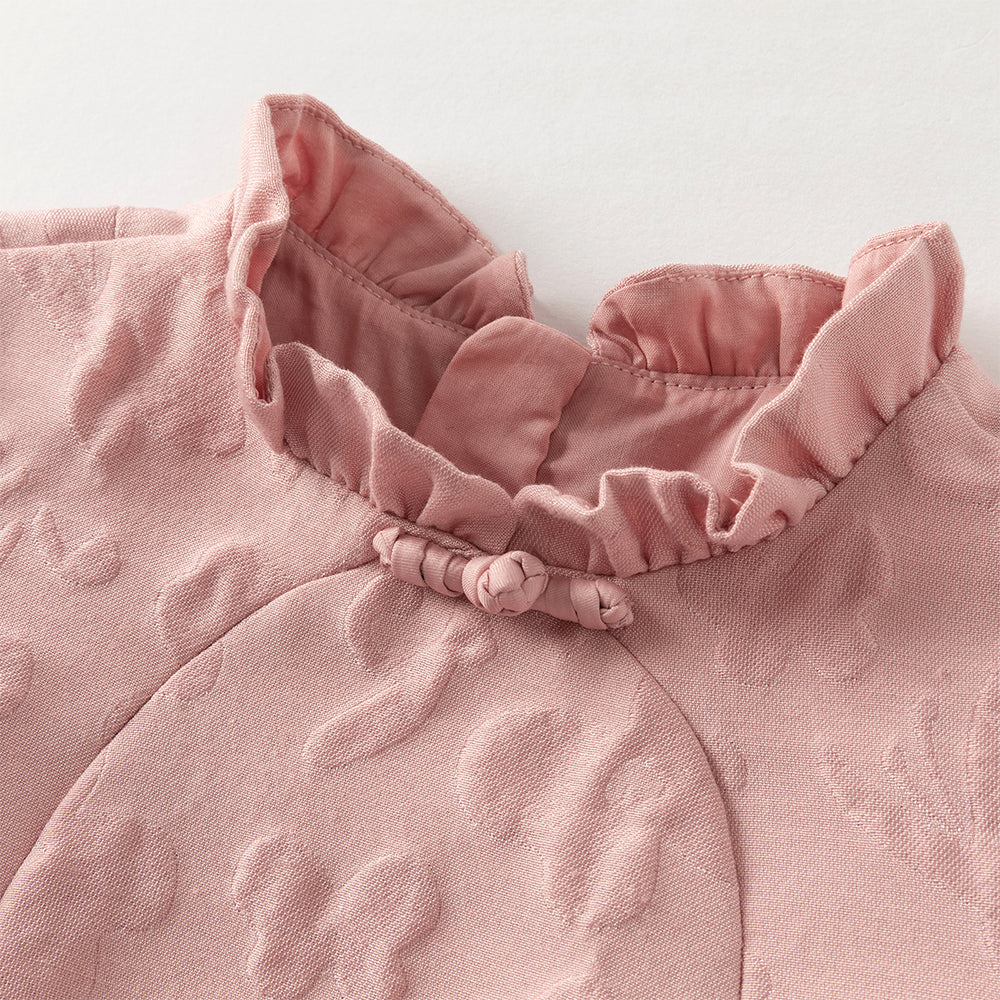 فستان بنات بأكمام طويلة من التول وردي مطاطي تصميم أميري مع تنورة شبكية