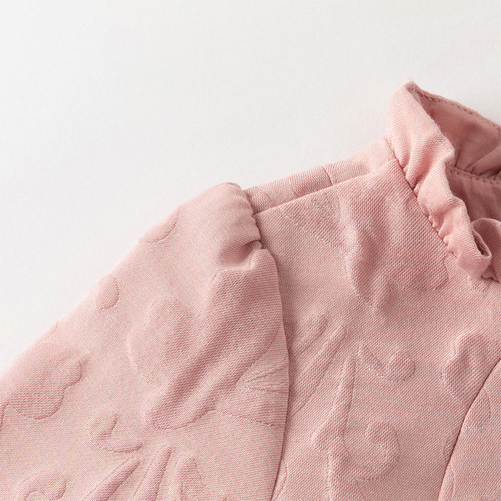 فستان بنات بأكمام طويلة من التول وردي مطاطي تصميم أميري مع تنورة شبكية