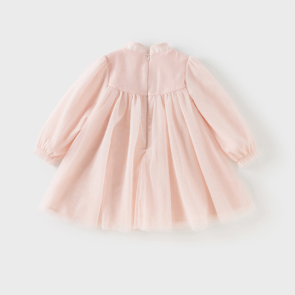 فستان بنات طويل الأكمام من التول باللون الوردي بأسلوب صيني عصري (يشمل زينة تدلي من الخيوط الصينية)