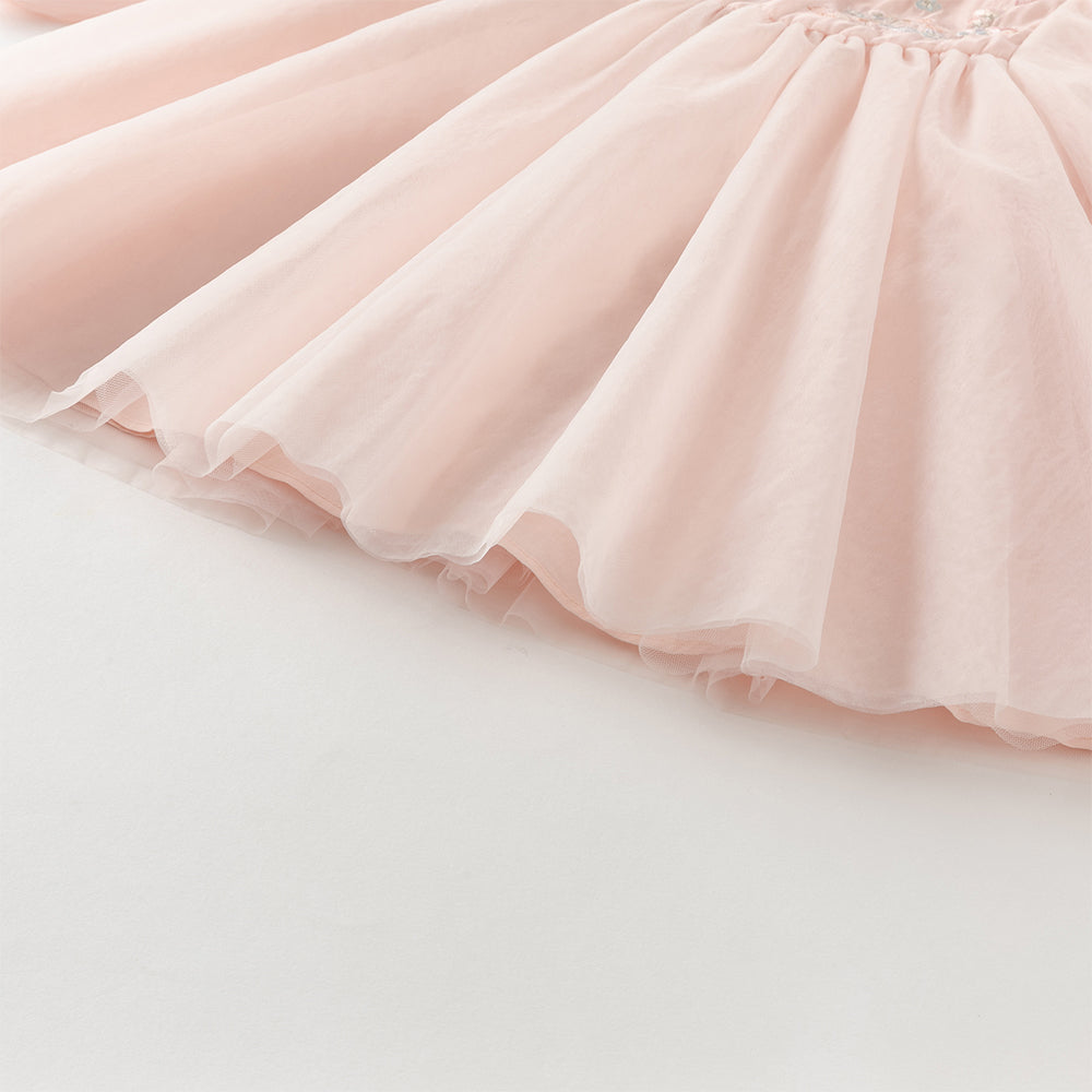 فستان بنات طويل الأكمام من التول باللون الوردي بأسلوب صيني عصري (يشمل زينة تدلي من الخيوط الصينية)