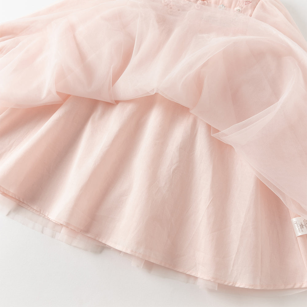 فستان بنات طويل الأكمام من التول باللون الوردي بأسلوب صيني عصري (يشمل زينة تدلي من الخيوط الصينية)