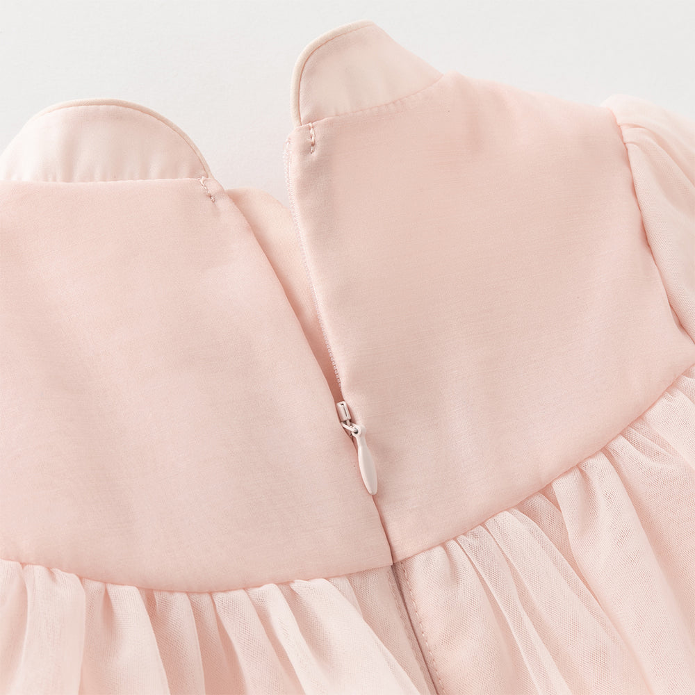 فستان بنات طويل الأكمام من التول باللون الوردي بأسلوب صيني عصري (يشمل زينة تدلي من الخيوط الصينية)