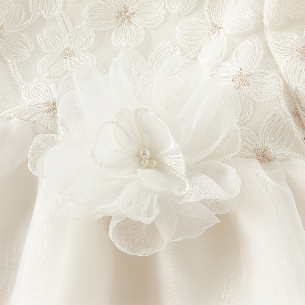 فستان أميرة للبنات الصغيرات بأكمام طويلة من التول الأبيض بتصميم فاخر مزين بزهرات ثلاثية الأبعاد قابلة للإزالة