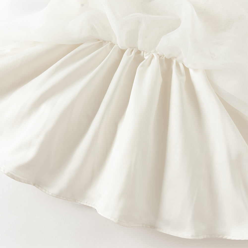 فستان أميرة للبنات الصغيرات بأكمام طويلة من التول الأبيض بتصميم فاخر مزين بزهرات ثلاثية الأبعاد قابلة للإزالة