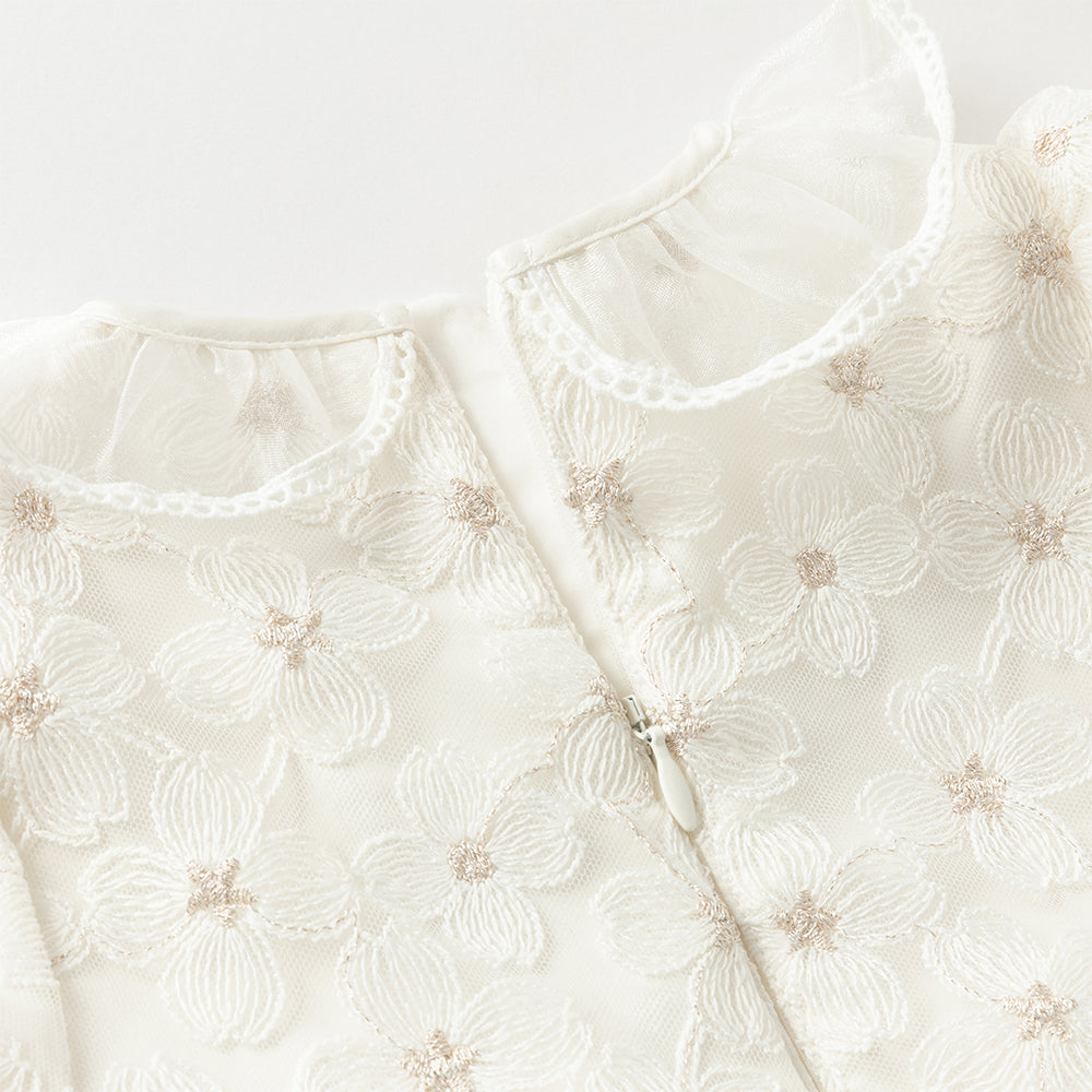 فستان أميرة للبنات الصغيرات بأكمام طويلة من التول الأبيض بتصميم فاخر مزين بزهرات ثلاثية الأبعاد قابلة للإزالة