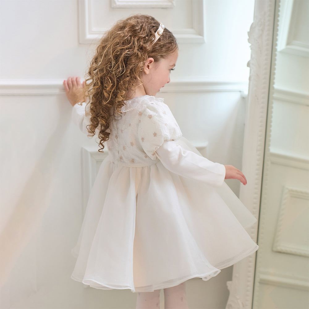 فستان أميرة للبنات الصغيرات بأكمام طويلة من التول الأبيض بتصميم فاخر مزين بزهرات ثلاثية الأبعاد قابلة للإزالة