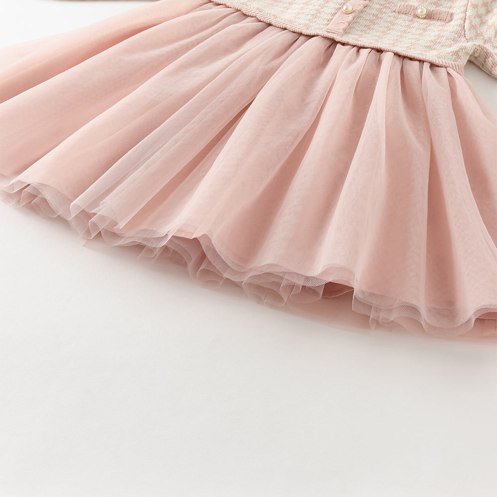 فستان للأطفال بأكمام طويلة من تريكو بنقشة هوندستوث وردية مع تنورة من التول، بتصميم كلاسيكي أنيق