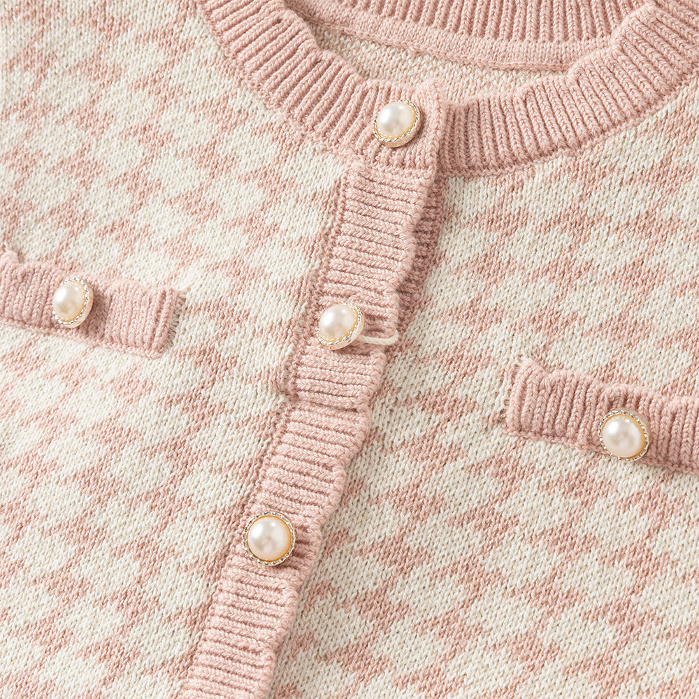 فستان للأطفال بأكمام طويلة من تريكو بنقشة هوندستوث وردية مع تنورة من التول، بتصميم كلاسيكي أنيق