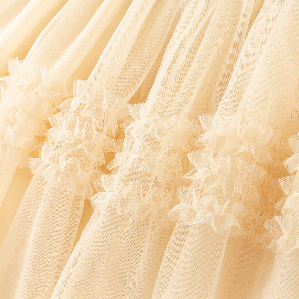 فستان طويل الأكمام للبنات من قماش محبوك باللون الكحلي مع تنورة تول باللون الأصفر بأسلوب أميرة