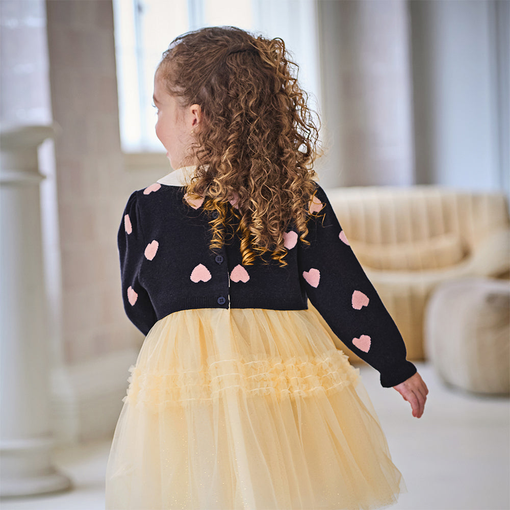 فستان طويل الأكمام للبنات من قماش محبوك باللون الكحلي مع تنورة تول باللون الأصفر بأسلوب أميرة