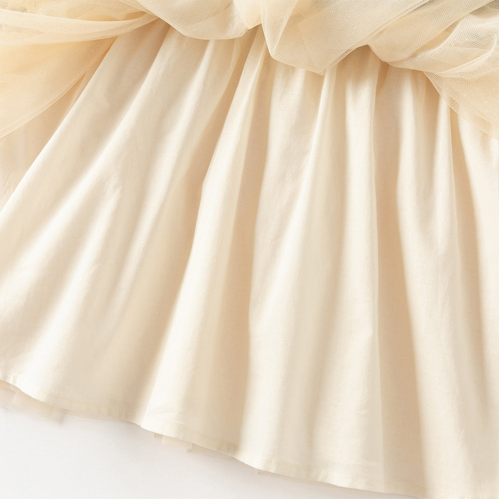 فستان طويل الأكمام للبنات من قماش محبوك باللون الكحلي مع تنورة تول باللون الأصفر بأسلوب أميرة