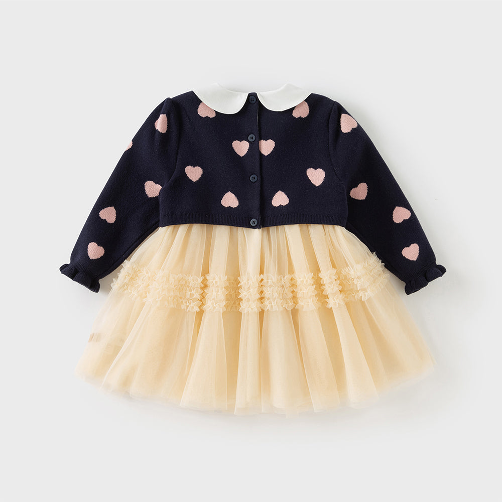 فستان طويل الأكمام للبنات من قماش محبوك باللون الكحلي مع تنورة تول باللون الأصفر بأسلوب أميرة