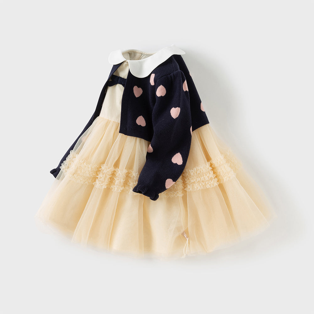 فستان طويل الأكمام للبنات من قماش محبوك باللون الكحلي مع تنورة تول باللون الأصفر بأسلوب أميرة