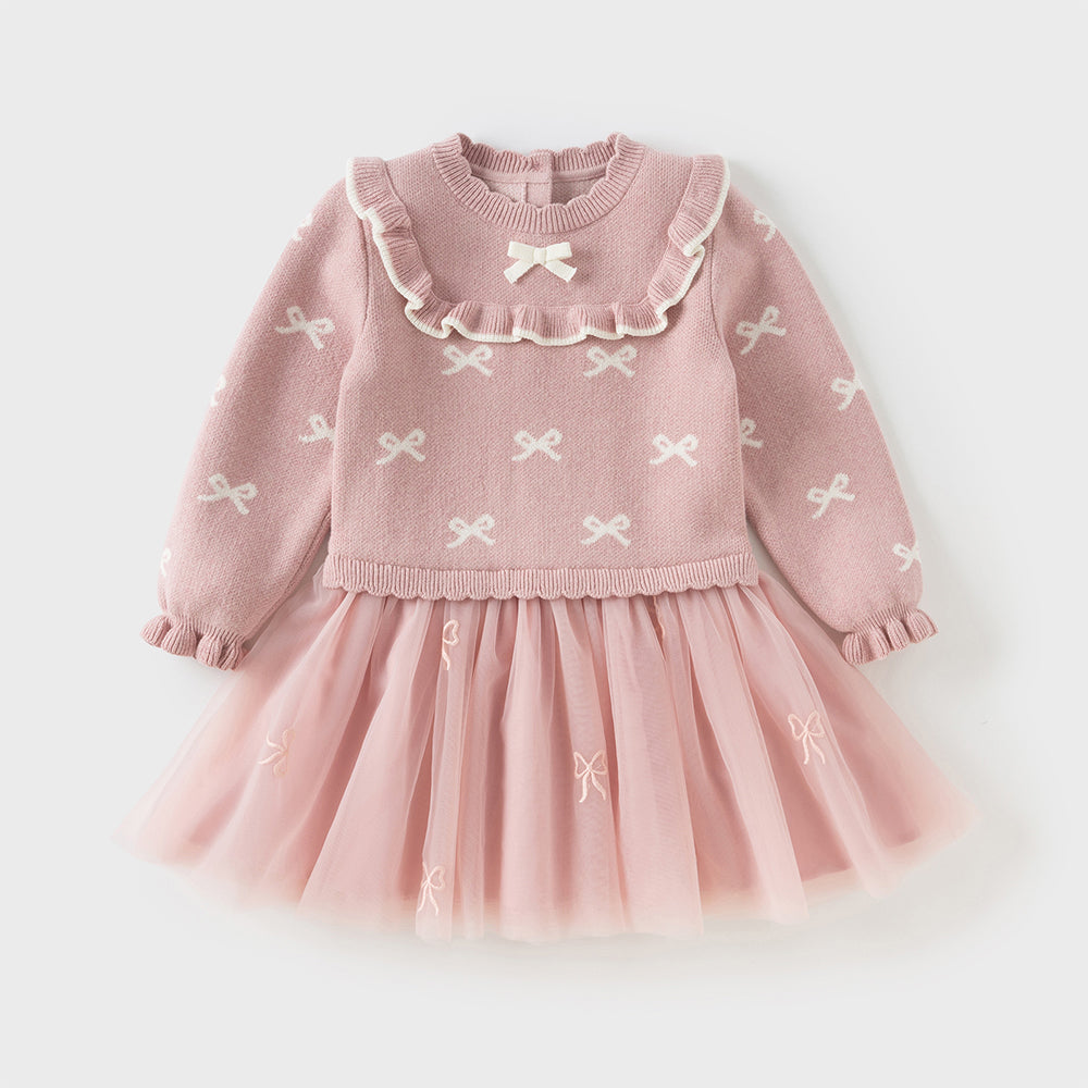 فستان بنات طويل الأكمام من قماش محبوك باللون الوردي مع تنورة تول بأسلوب أميرة