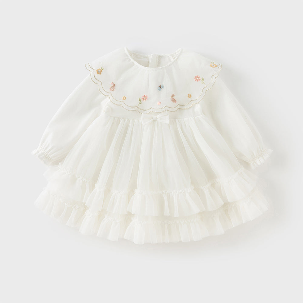 فستان شبكي للبنات بأكمام طويلة باللون الأبيض بتصميم صيني