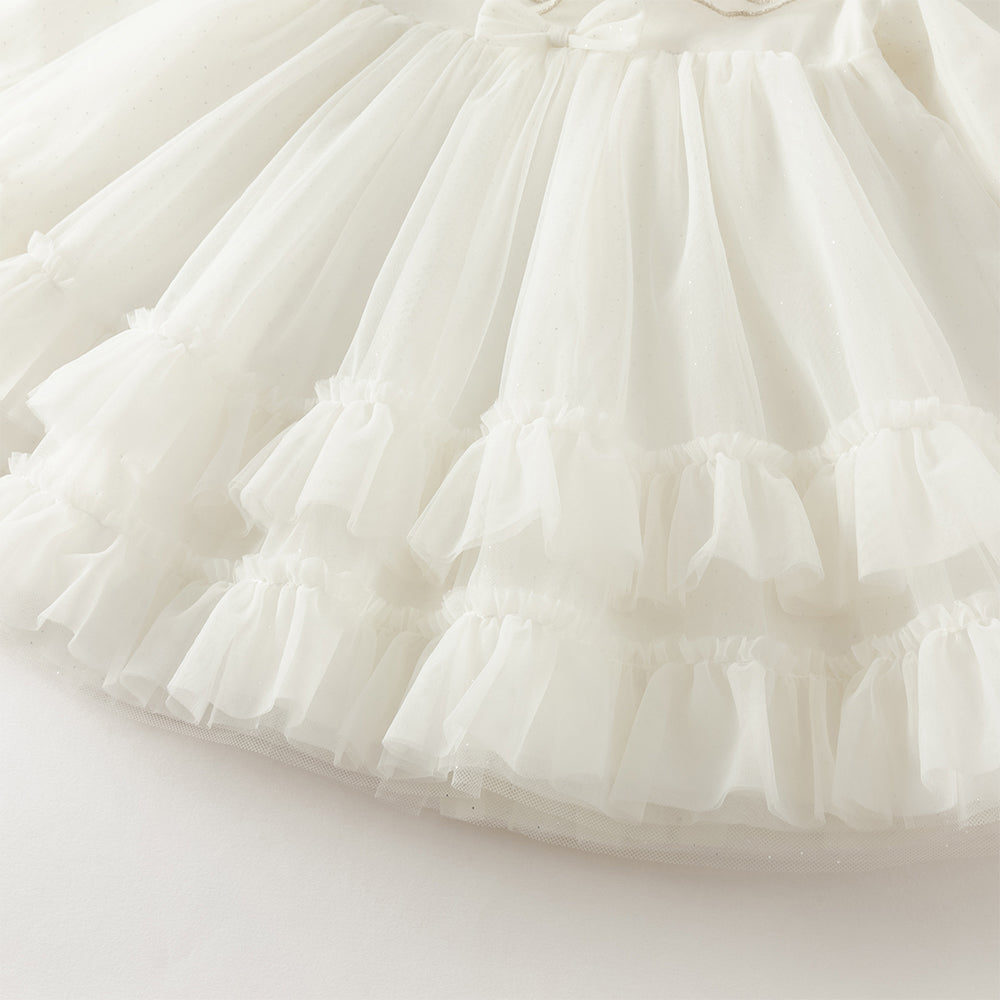 فستان شبكي للبنات بأكمام طويلة باللون الأبيض بتصميم صيني