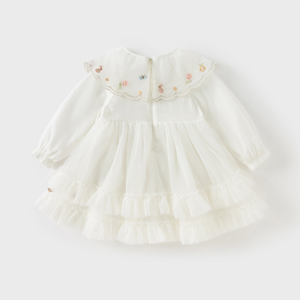 فستان شبكي للبنات بأكمام طويلة باللون الأبيض بتصميم صيني