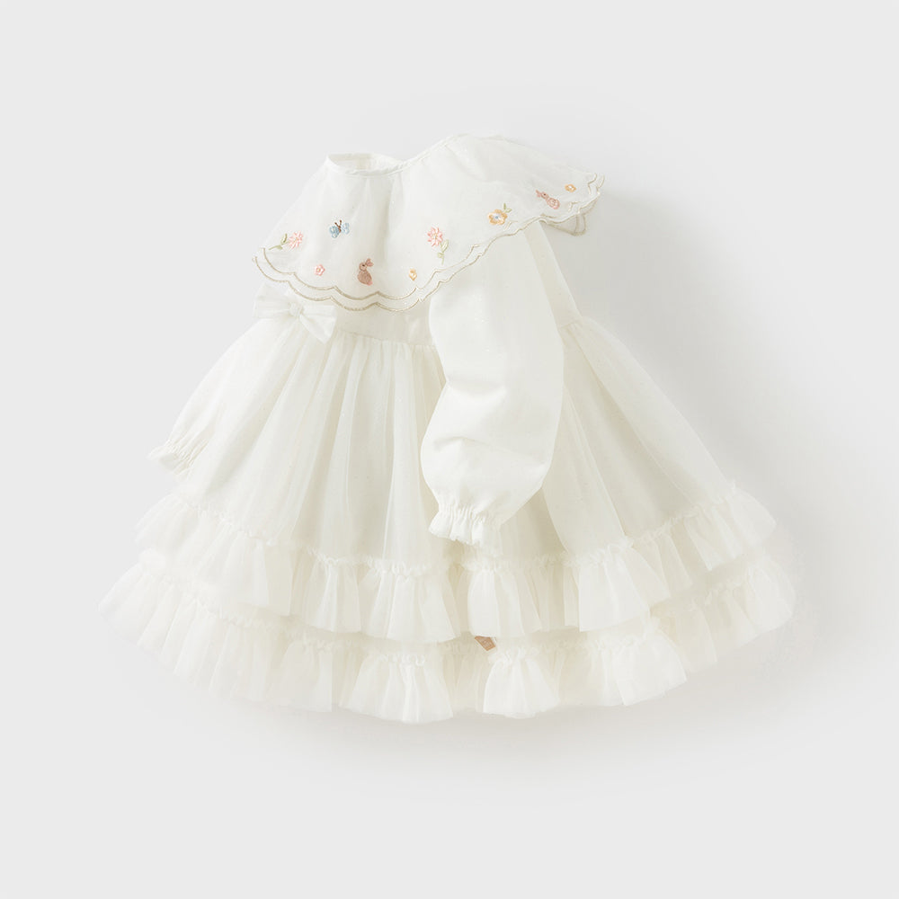 فستان شبكي للبنات بأكمام طويلة باللون الأبيض بتصميم صيني