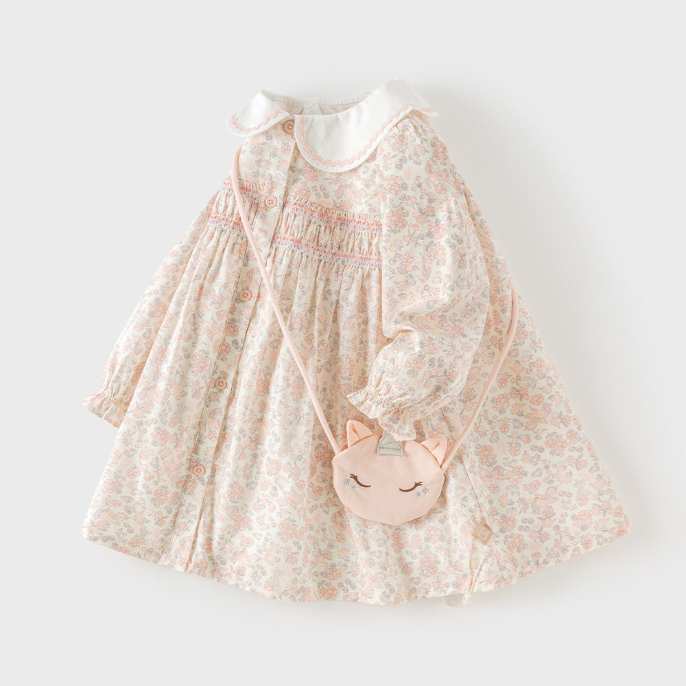 فستان قطني للبنات الصغيرات بأكمام طويلة بطبعة زهور وقصة A مريحة (يشمل حقيبة كروس)