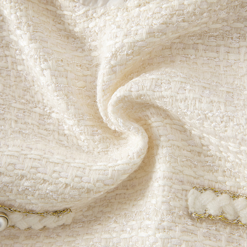 فستان بنات طويل الأكمام باللون الأبيض الحليبي من قماش تويد كلاسيكي محبوك مع تنورة تول بأسلوب أميرة