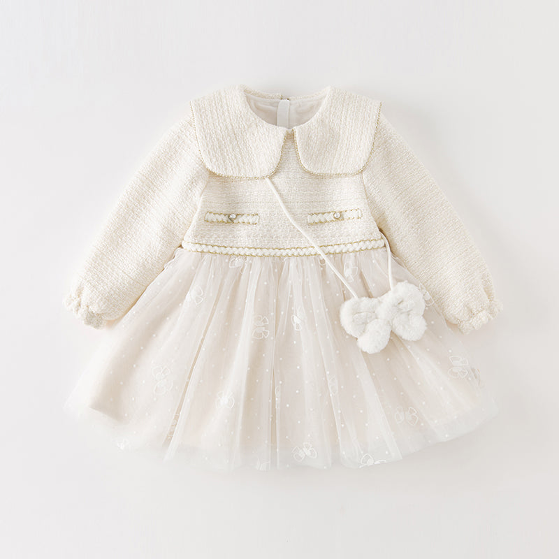 فستان بنات طويل الأكمام باللون الأبيض الحليبي من قماش تويد كلاسيكي محبوك مع تنورة تول بأسلوب أميرة