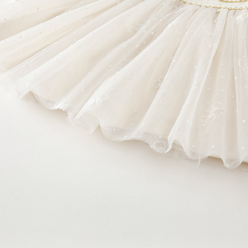 فستان بنات طويل الأكمام باللون الأبيض الحليبي من قماش تويد كلاسيكي محبوك مع تنورة تول بأسلوب أميرة