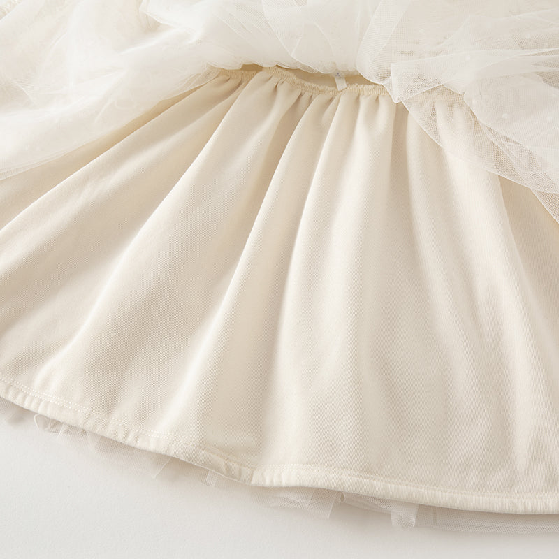 فستان بنات طويل الأكمام باللون الأبيض الحليبي من قماش تويد كلاسيكي محبوك مع تنورة تول بأسلوب أميرة