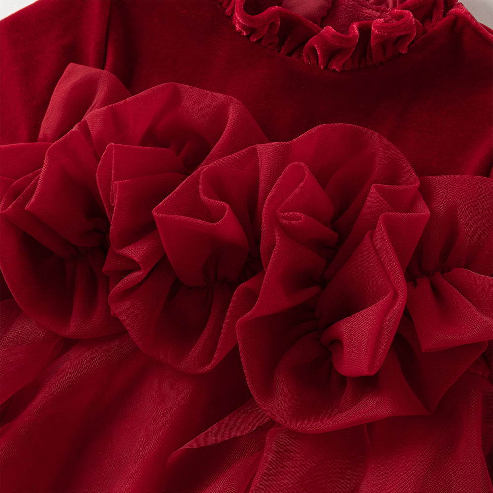 فستان أميرة بناتي مخملي أحمر مع تنورة تول بأكمام طويلة – تصميم شتوي مزين بالورود المكشكشة