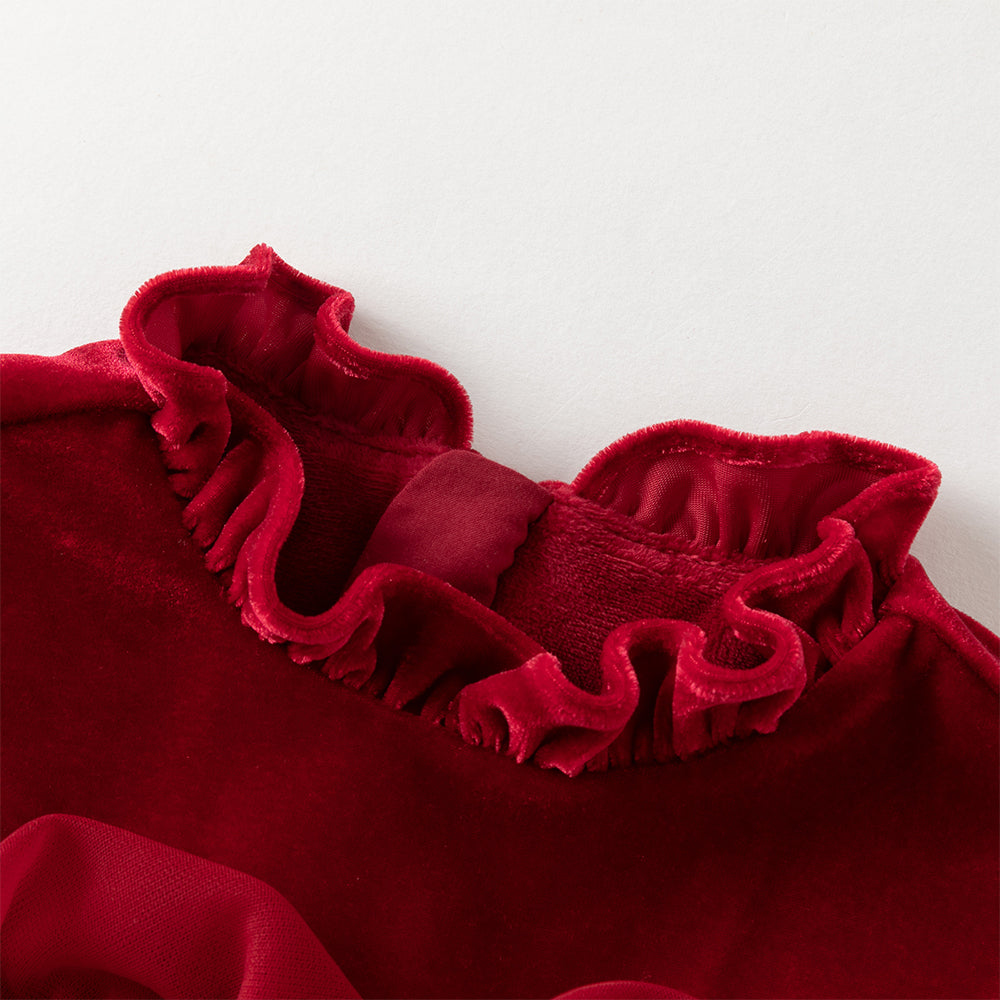 فستان أميرة بناتي مخملي أحمر مع تنورة تول بأكمام طويلة – تصميم شتوي مزين بالورود المكشكشة