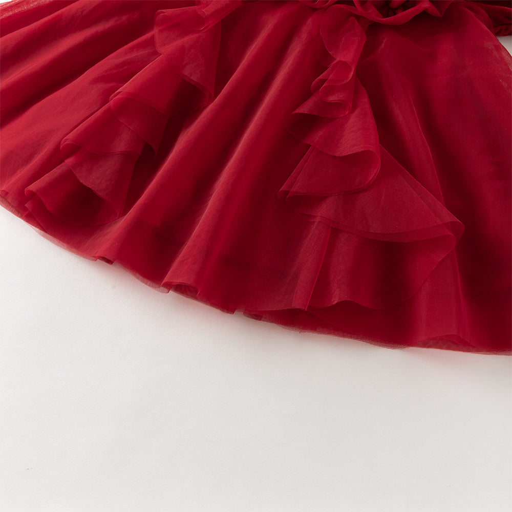 فستان أميرة بناتي مخملي أحمر مع تنورة تول بأكمام طويلة – تصميم شتوي مزين بالورود المكشكشة