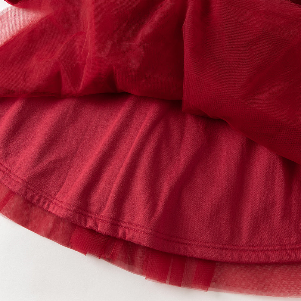 فستان أميرة بناتي مخملي أحمر مع تنورة تول بأكمام طويلة – تصميم شتوي مزين بالورود المكشكشة