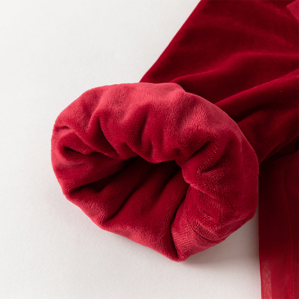 فستان أميرة بناتي مخملي أحمر مع تنورة تول بأكمام طويلة – تصميم شتوي مزين بالورود المكشكشة