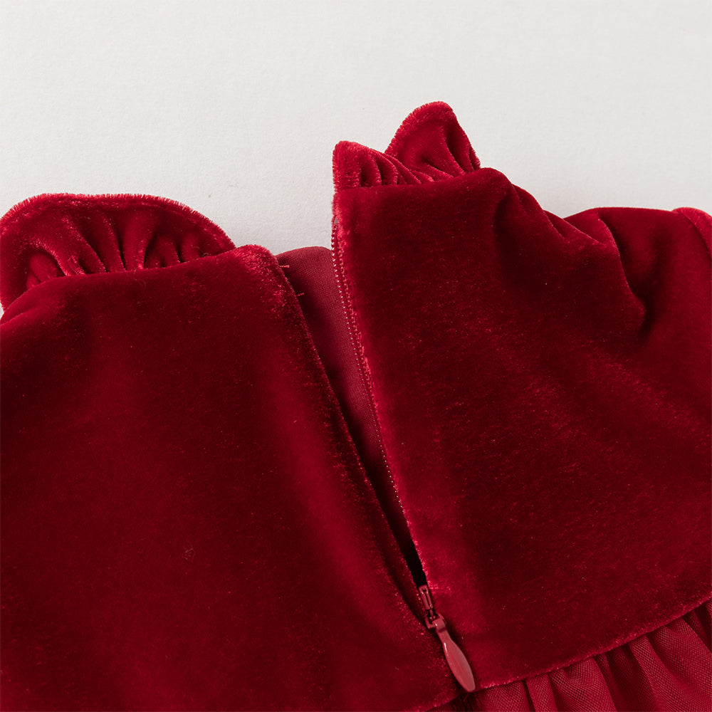 فستان أميرة بناتي مخملي أحمر مع تنورة تول بأكمام طويلة – تصميم شتوي مزين بالورود المكشكشة