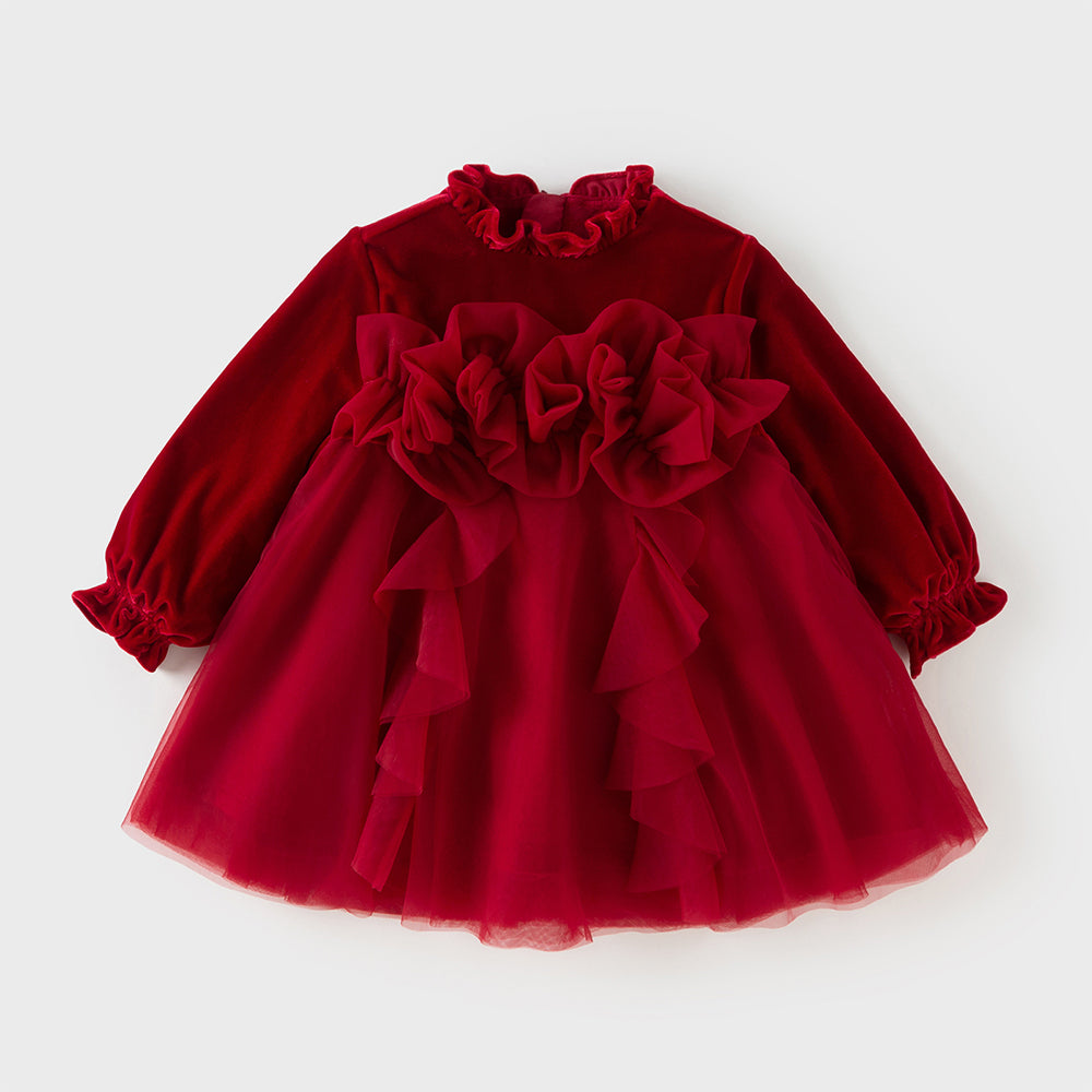 فستان أميرة بناتي مخملي أحمر مع تنورة تول بأكمام طويلة – تصميم شتوي مزين بالورود المكشكشة