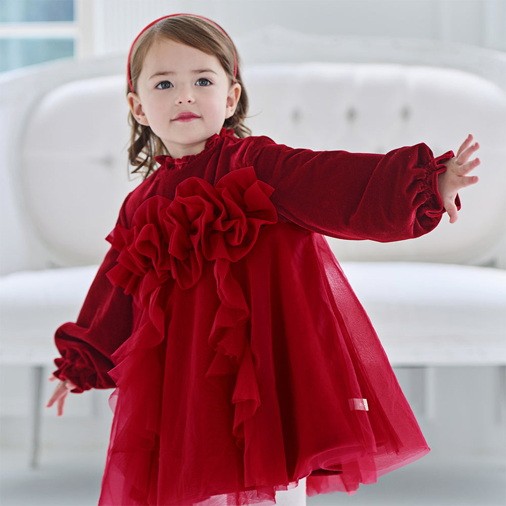 فستان أميرة بناتي مخملي أحمر مع تنورة تول بأكمام طويلة – تصميم شتوي مزين بالورود المكشكشة