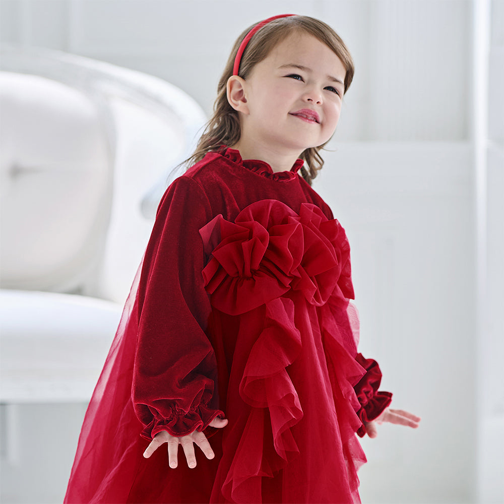 فستان أميرة بناتي مخملي أحمر مع تنورة تول بأكمام طويلة – تصميم شتوي مزين بالورود المكشكشة