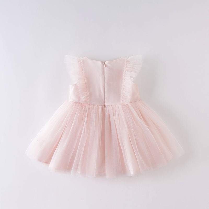 فستان صيفي للبنات الصغيرات من التول الوردي مطرز بالزهور