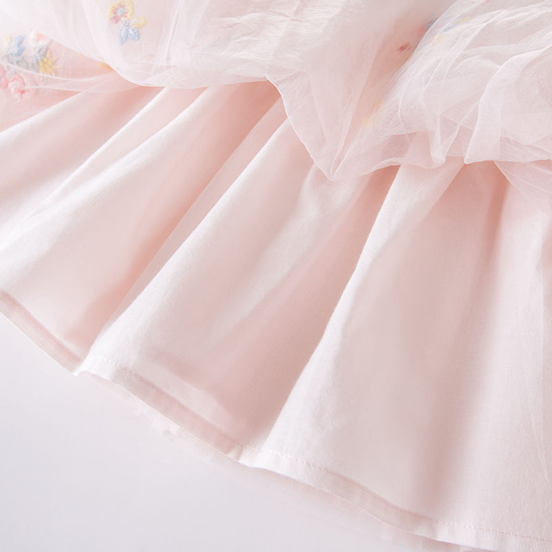 فستان صيفي للبنات الصغيرات من التول الوردي مطرز بالزهور