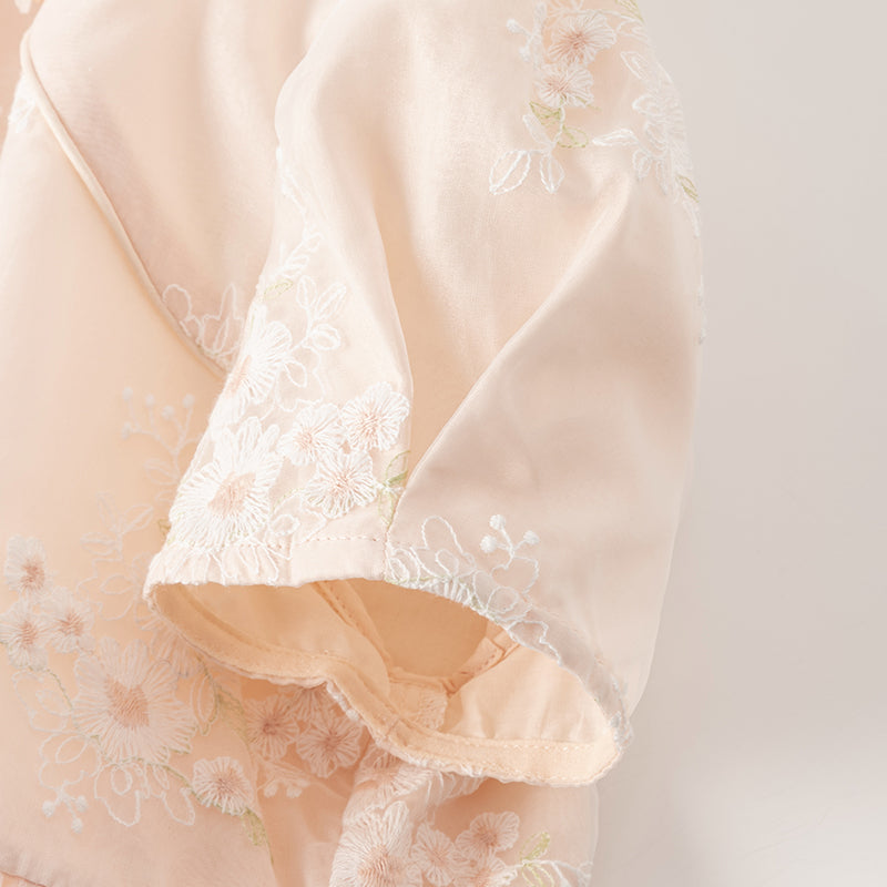 فستان بنات صيفي من التول باللون البرتقالي الوردي بأسلوب صيني عصري