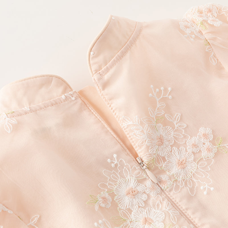 فستان بنات صيفي من التول باللون البرتقالي الوردي بأسلوب صيني عصري