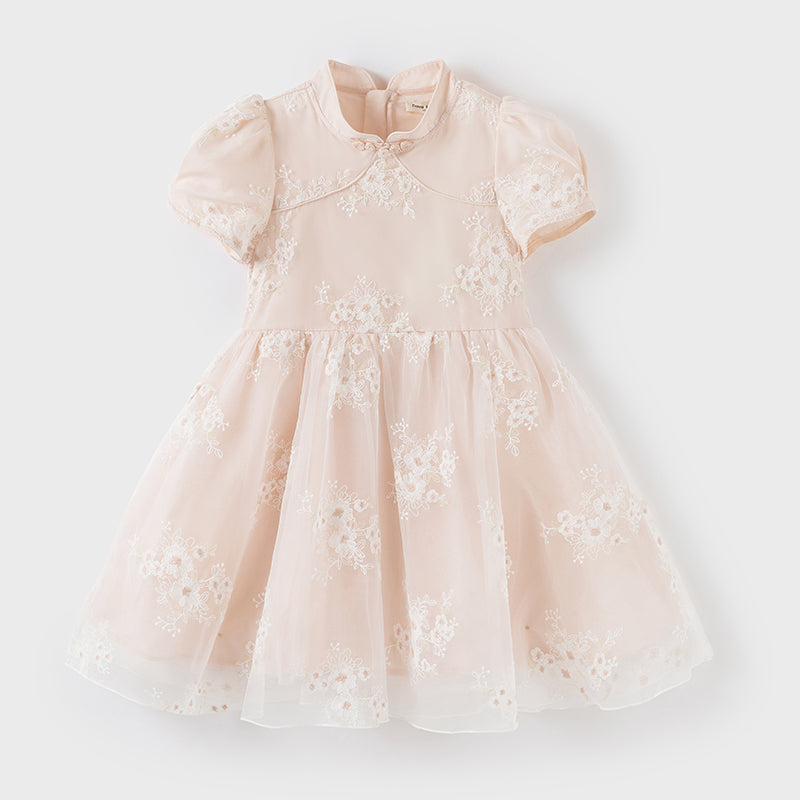 فستان بنات صيفي من التول باللون البرتقالي الوردي بأسلوب صيني عصري