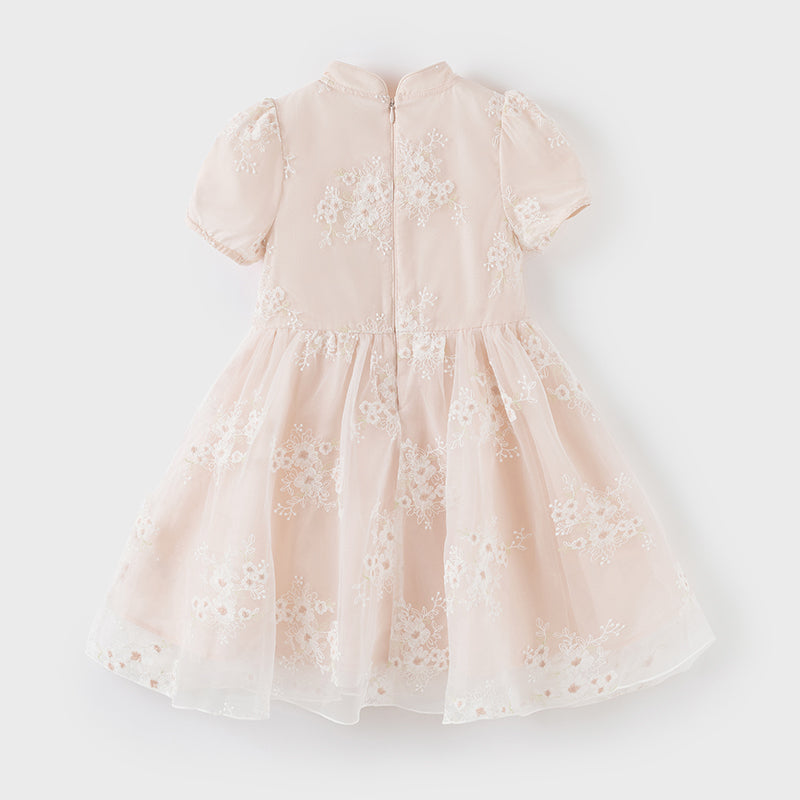 فستان بنات صيفي من التول باللون البرتقالي الوردي بأسلوب صيني عصري