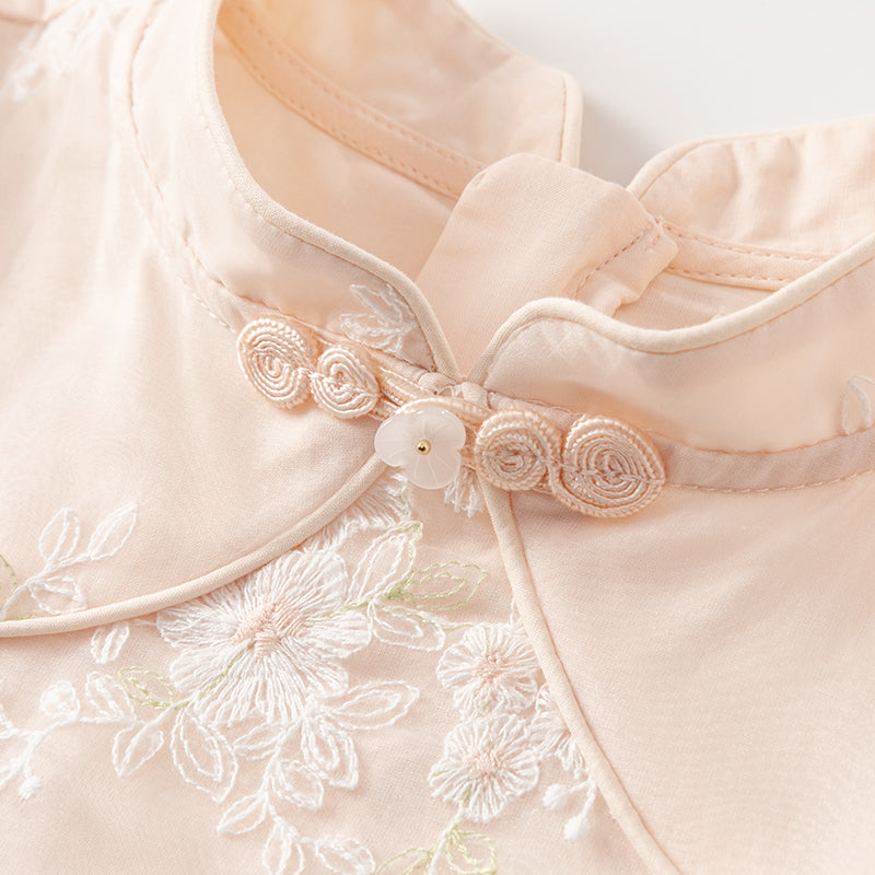 فستان بنات صيفي من التول باللون البرتقالي الوردي بأسلوب صيني عصري