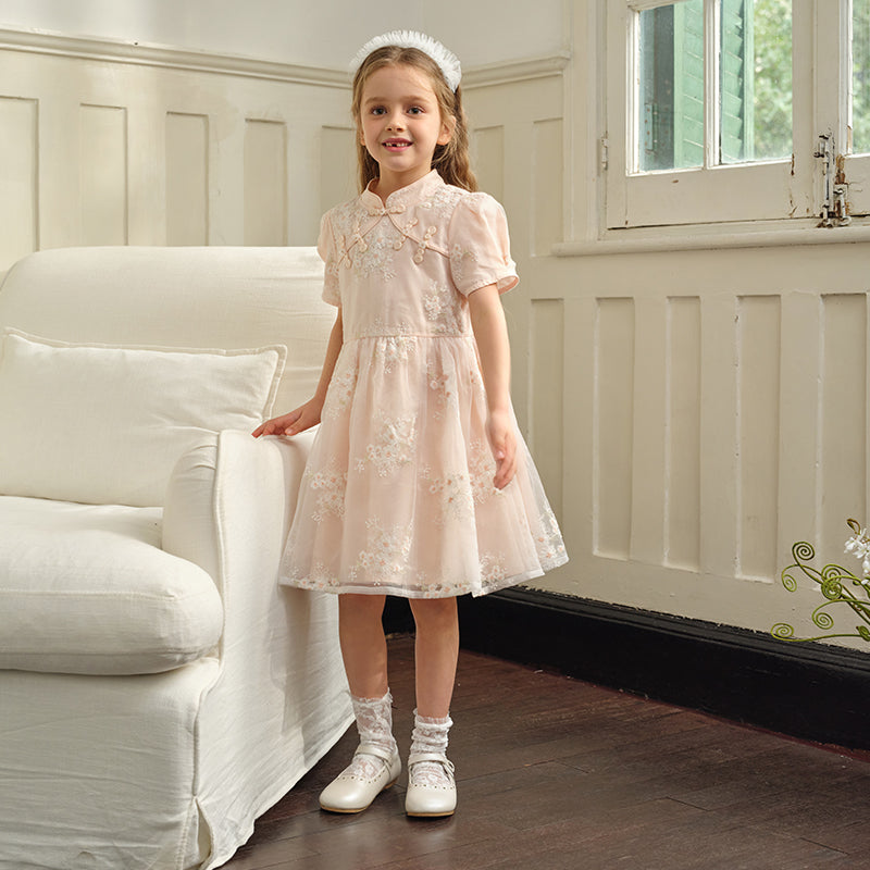 فستان بنات صيفي من التول باللون البرتقالي الوردي بأسلوب صيني عصري