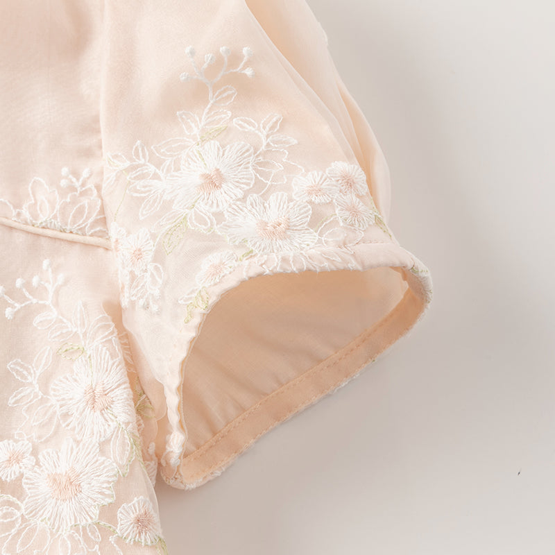 فستان بنات صيفي من التول باللون البرتقالي الوردي بأسلوب صيني عصري